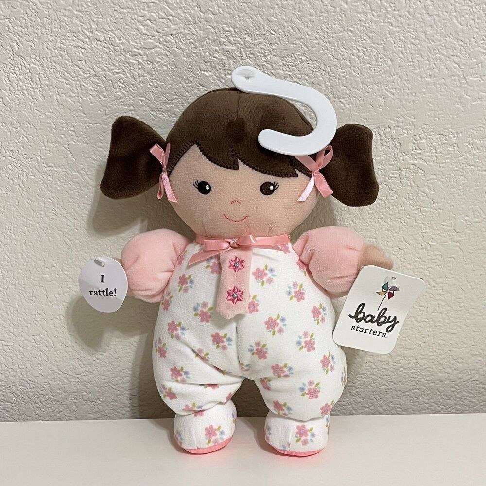 Baby Starters Plush Brunette Olivia Baby Doll with Rattle Lovey Pink Floral 10" - Picture 1 of 10